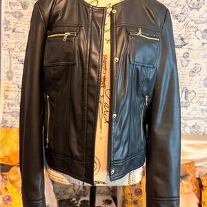 Cole Haan Faux Leather Collarless Full Hidden Zip Moto Jacket